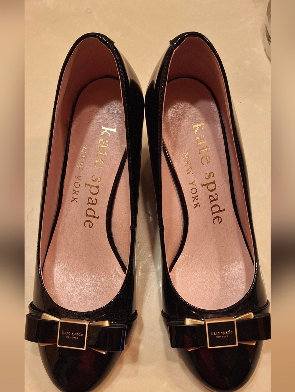 kate spade Black Patent Bow Flats with Gold Accent